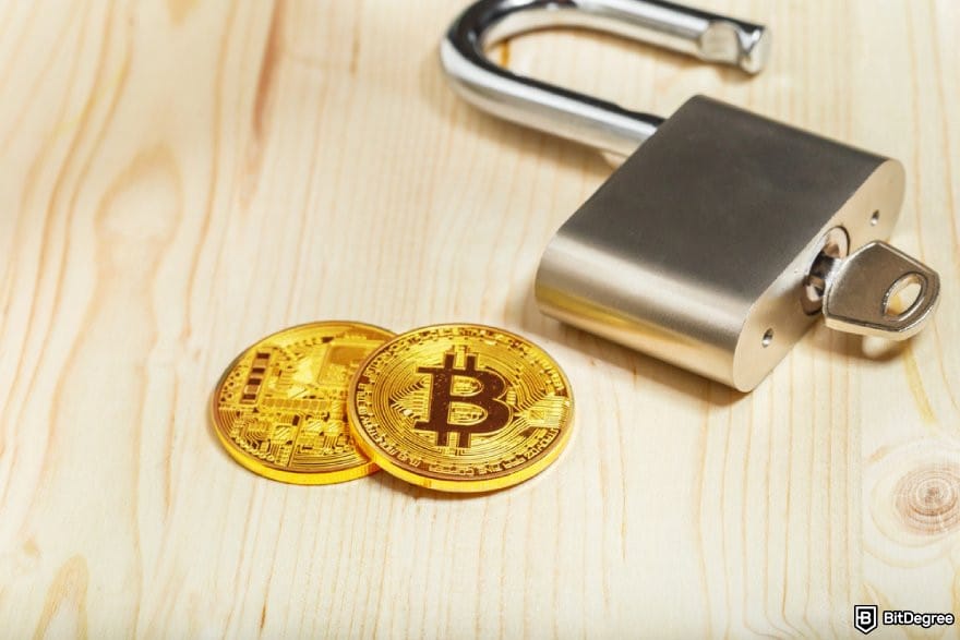 Atomic Wallet review: two BTC coins and a padlock.