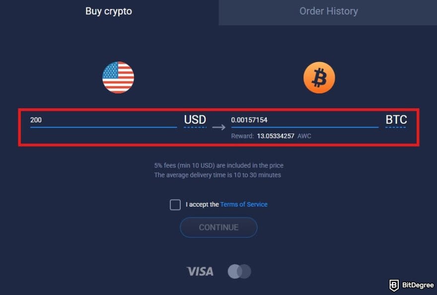 Atomic Wallet review: the Buy crypto page on Atomic Wallet's desktop app.