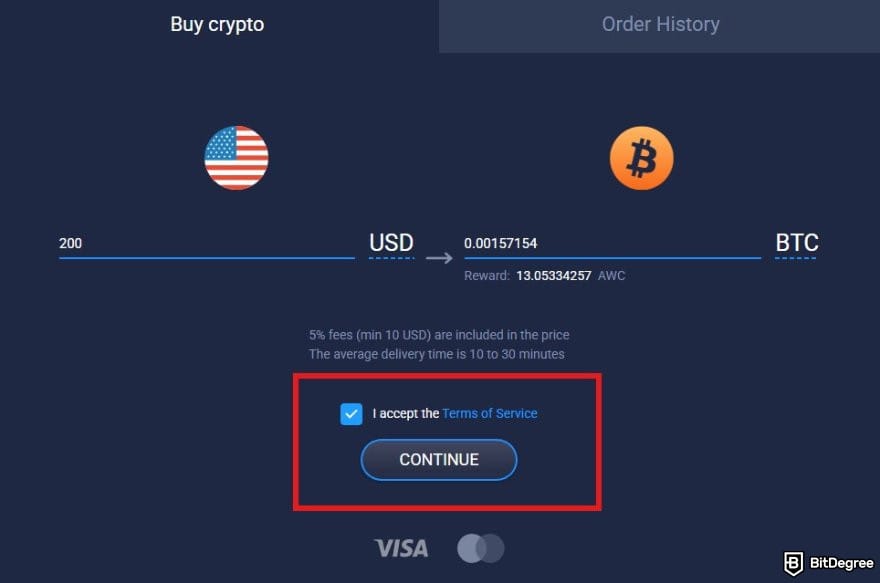 Atomic Wallet review: the Buy crypto page on Atomic Wallet's desktop app with Continue button highlighted.