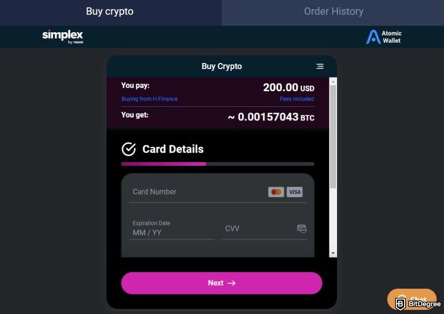 Atomic Wallet review: the Simplex interface when buying crypto through Atomic Wallet.