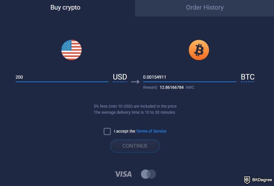 Atomic Wallet review: the buy crypto interface on Atomic Wallet.