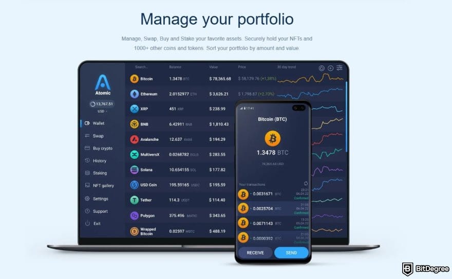 Atomic Wallet review: illustration of a laptop and a phone displaying the Atomic wallet interface.