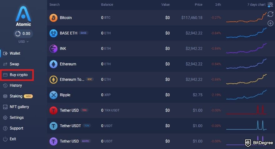 Atomic Wallet review: Atomic Wallet dashboard interface with the Buy crypto button highlighted.