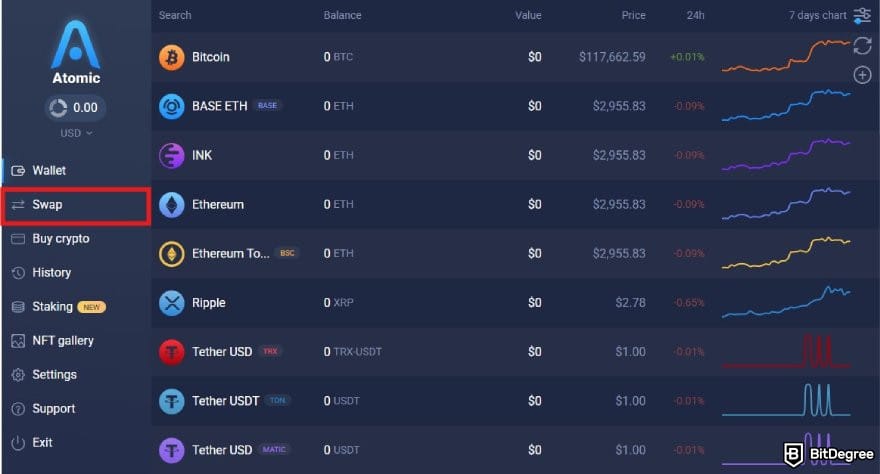 Atomic Wallet review: Atomic Wallet dashboard interface with the Swap button highlighted.