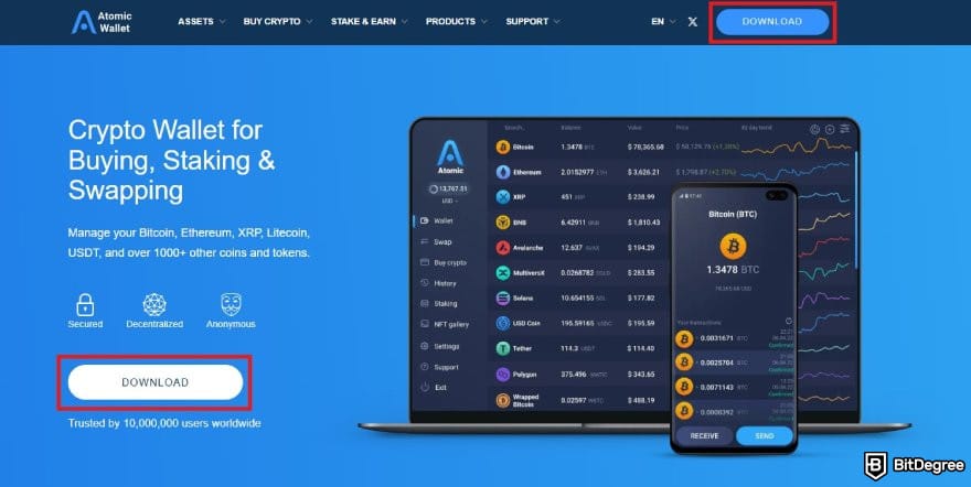 Atomic Wallet review: Atomic Wallet's homepage with the Download buttons highlighted.