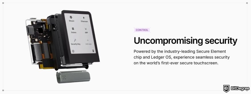Atomic Wallet review: the description of Ledger Flex's core security measures.