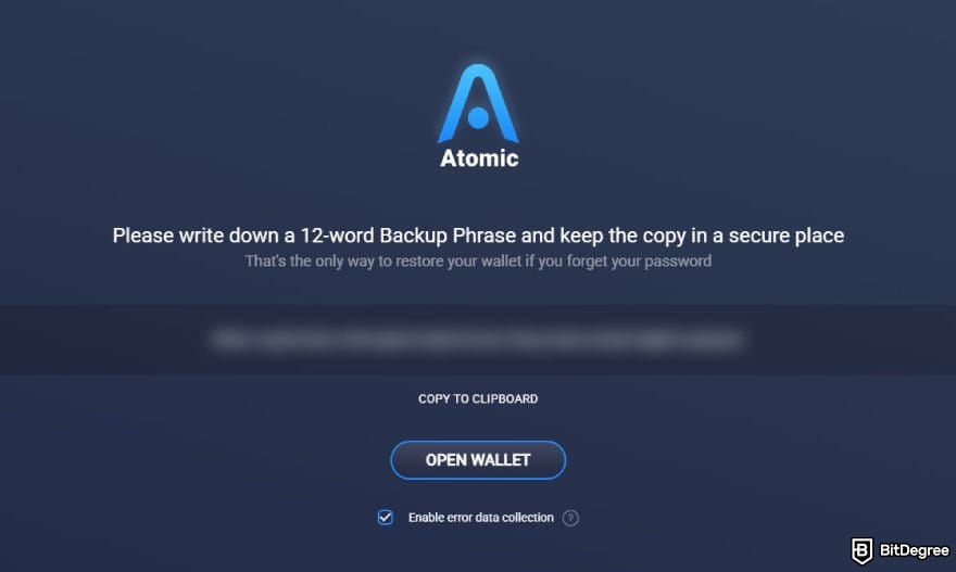 Atomic Wallet review: the page displaying a 12-word backup phrase for Atomic wallet.