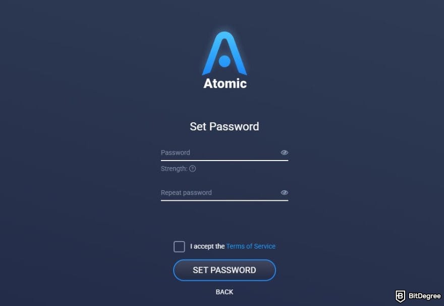Atomic Wallet review: the Set Password page when setting up a new Atomic wallet.