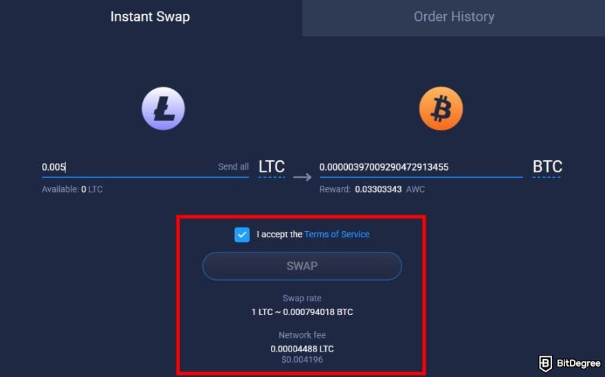Atomic Wallet review: the swap interface on Atomic Wallet desktop app with the SWAP button highlighted.