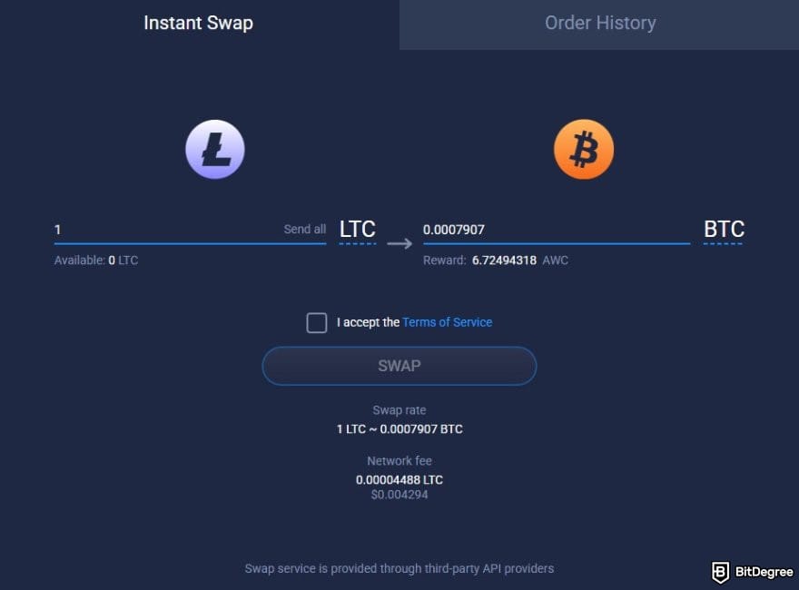 Atomic Wallet review: the swap interface on Atomic Wallet.