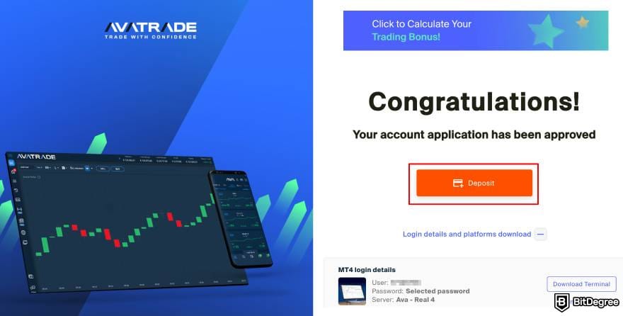 AvaTrade review: the account approval page highlighting the [Deposit] button.