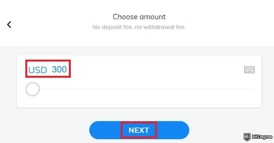 AvaTrade review: a page to choose the deposit amount.