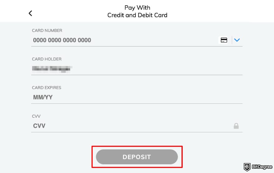 AvaTrade review: AvaTrade's deposit process of entering card details.