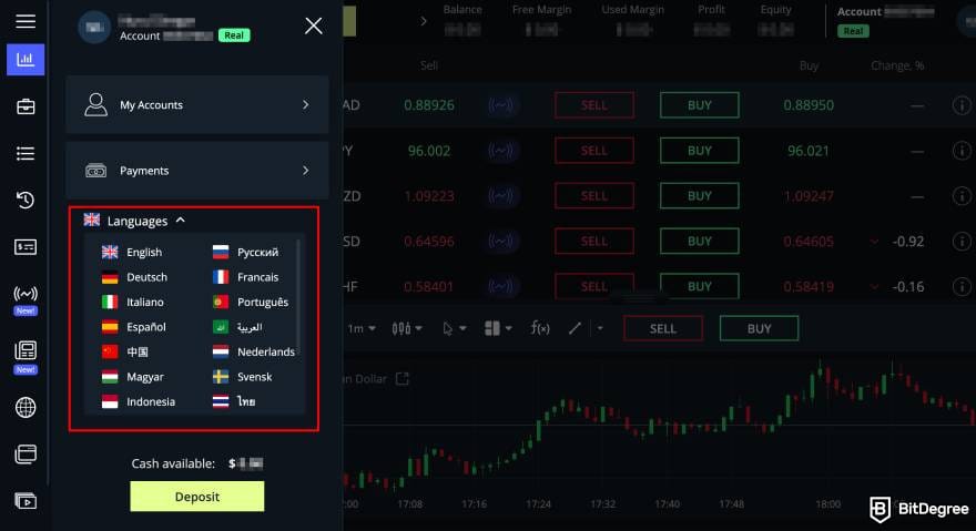 AvaTrade review: AvaTrade's language options.