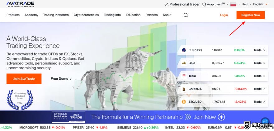 AvaTrade review: AvaTrade's homepage highlighting the [Register Now] button.