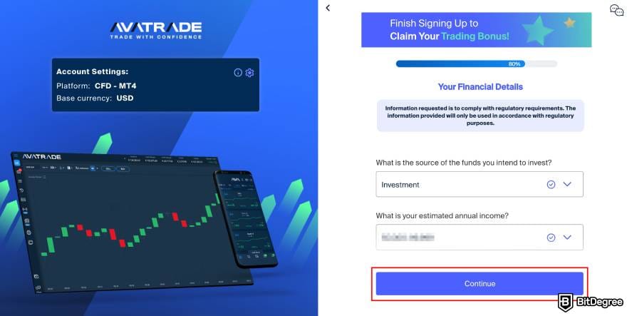 AvaTrade review: the sign up process of adding financial details.
