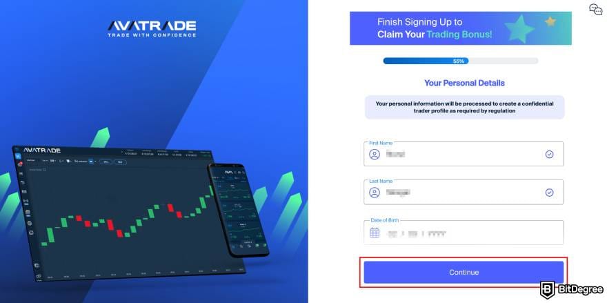 AvaTrade review: the sign up process of adding personal details.