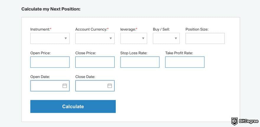 AvaTrade review: AvaTrade's trading calculator.