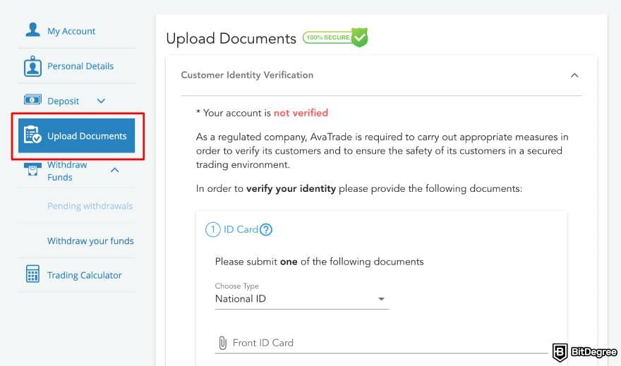 AvaTrade review: the upload documents process for KYC.
