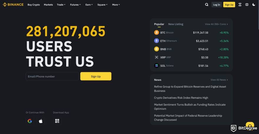 AvaTrade review: Binance homepage.
