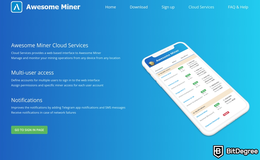 Awesome Miner review: a preview of the Awesome Miner Cloud Service page.