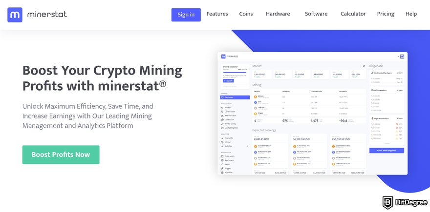 Awesome Miner review: a preview of Minerstat homepage.