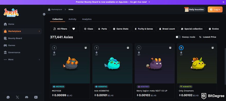 Axie Infinity review: the Axies and their pricing on the marketplace.