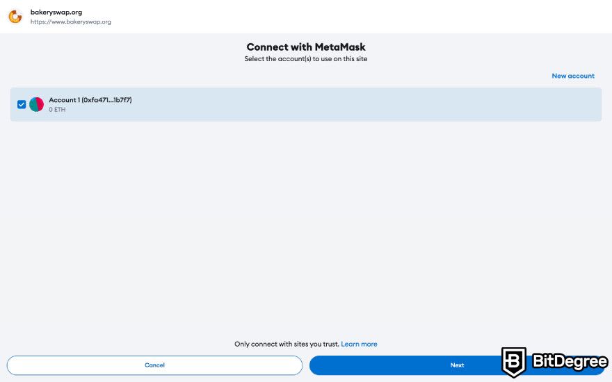 Bakeryswap review: a screenshot of Bakeryswap's wallet connection process.