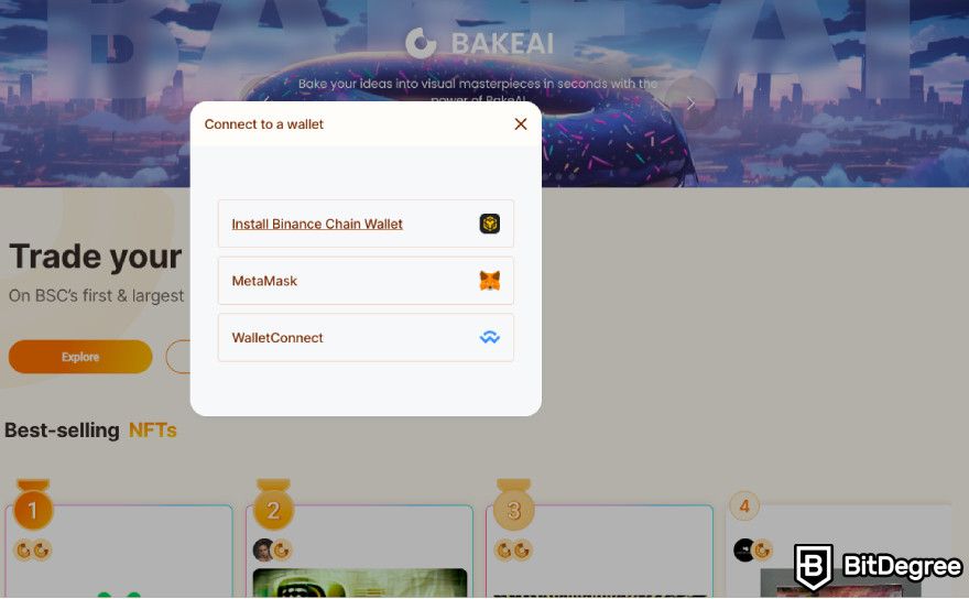 Bakeryswap review: a screenshot of Bakeryswap's 'Connect to a wallet' pop-up.