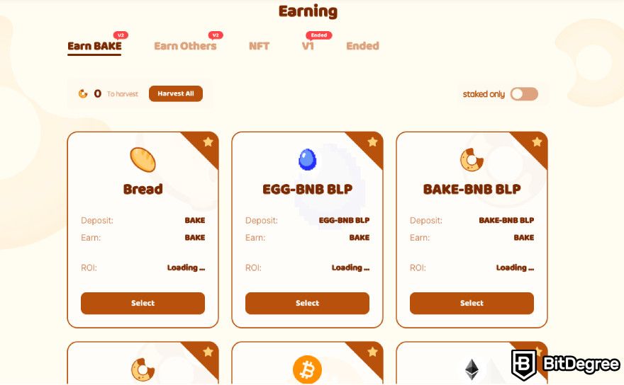 Bakeryswap review: a screenshot of Bakeryswap's staking program.