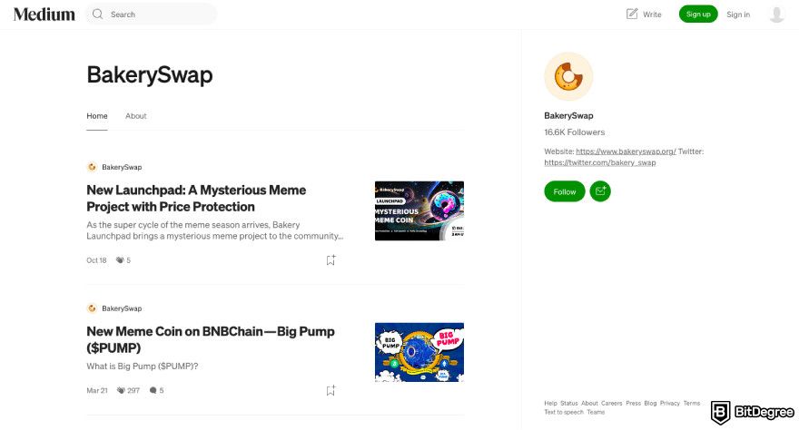Bakeryswap review: a screenshot of the Bakeryswap Medium profile.