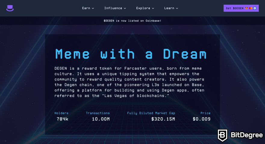 Base meme coins: a preview of Degen homepage.
