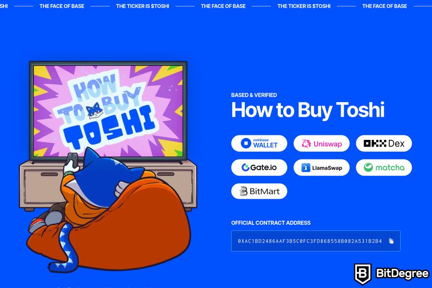 Base meme coins: a preview of the How to Buy Toshi section on Toshi homepage.