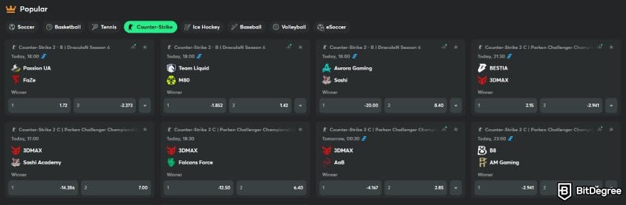 BC.GAME review: CS2 matches on BC.GAME eSports betting page.