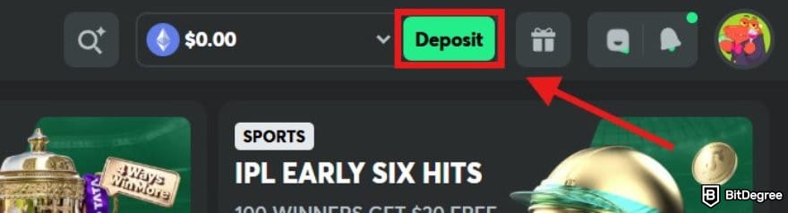 BC.GAME review: BC.GAME homepage with the deposit button highlighted.