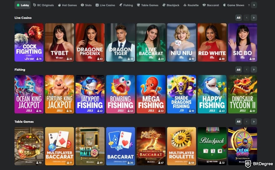 BC.GAME review: a list of available games on BC.GAME.