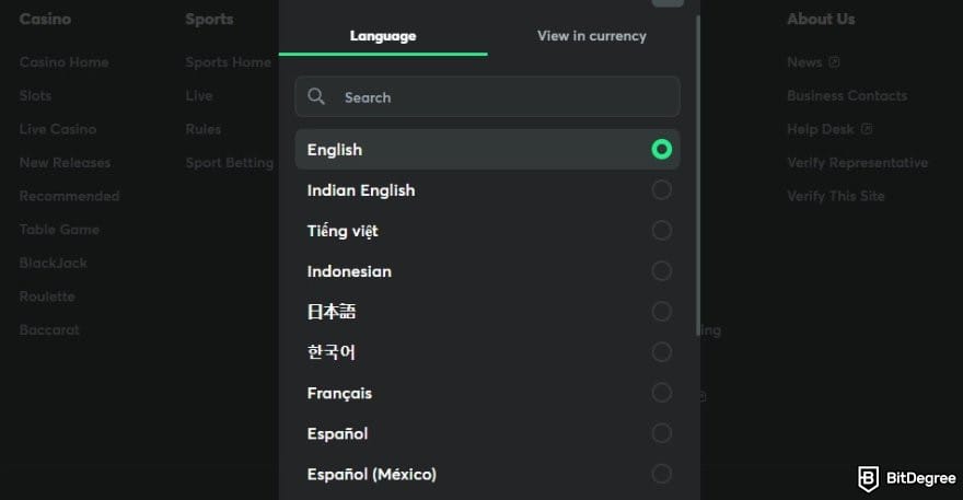 BC.GAME review: the language options on BC.GAME.