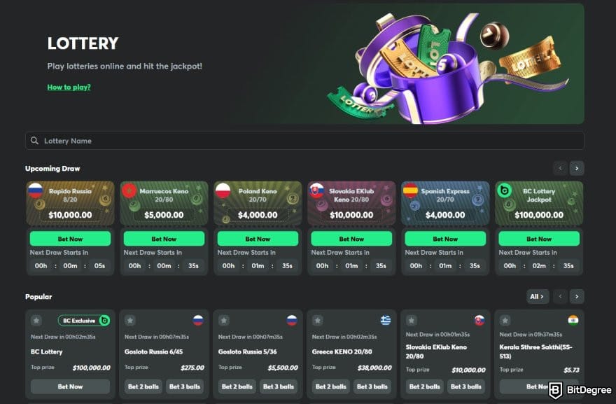 BC.GAME review: the Lottery page on BC.GAME.