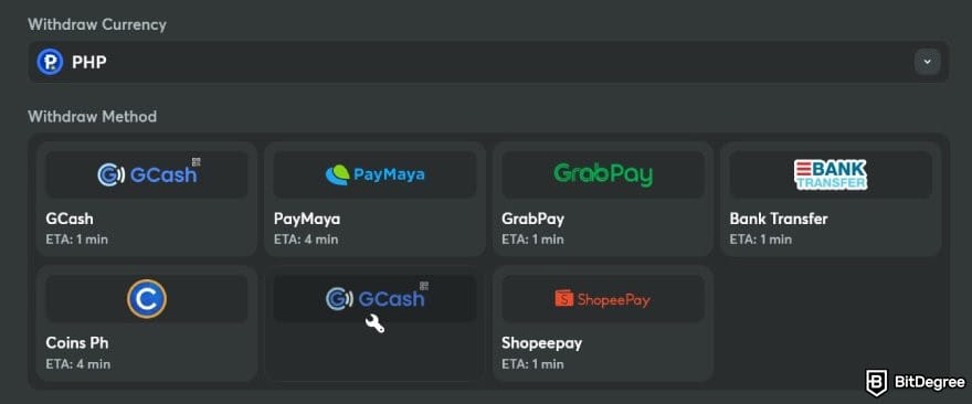 BC.GAME review: the supported withdrawal options for PHP on BC.GAME.