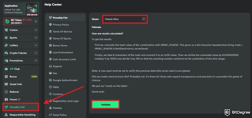 BC.GAME review: the Provably Fair page on BC.GAME.