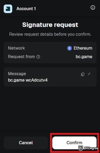 BC.GAME review: BC.GAME signature request on MetaMask.