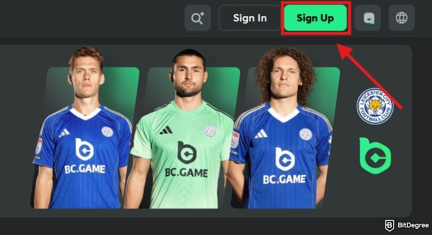 BC.GAME review: BC.GAME homepage with the Sign Up button highlighted.