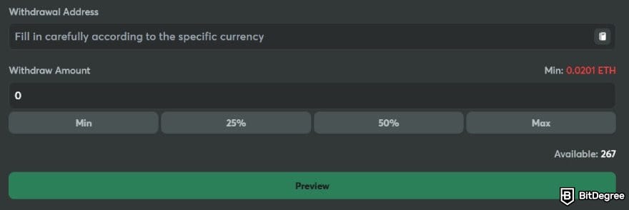 BC.GAME review: the address and amount for withdrawal on BC.GAME.