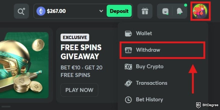 BC.GAME review: the withdraw menu on BC.GAME.