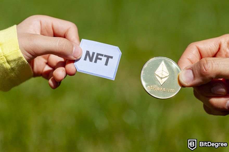 Benefits of cryptocurrency: An NFT small card and an Ethereum coin.