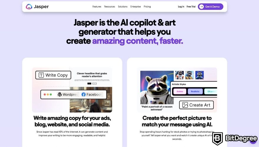 Best AI art generators: Jasper's website displaying that it can be used for both writing and artwork.