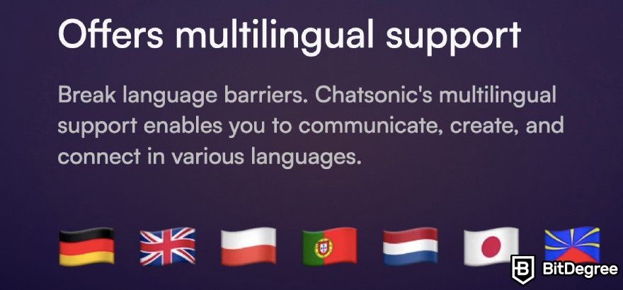 Best AI chatbot: Chatsonic's multilingual capabilities displayed on the webpage.