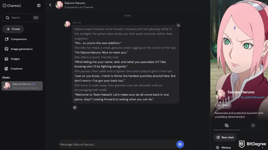 Best AI companion: a chat with Sakura Haruno on Channel AI.