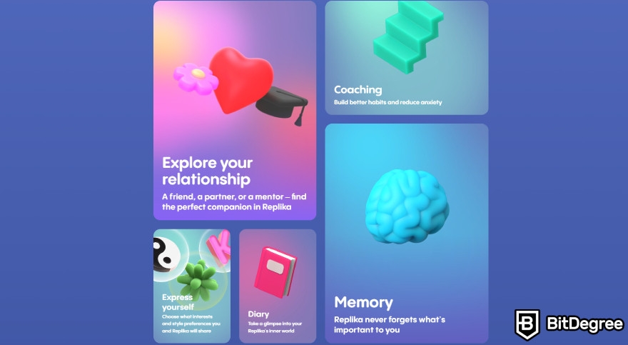 Best AI companion: Replika AI displaying its features on the website.