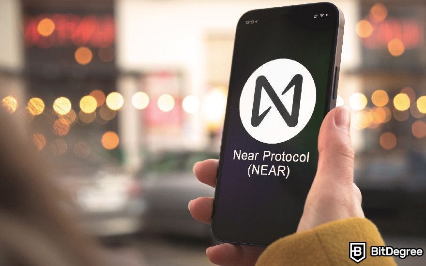 Best AI Crypto Coins: Near Protocol logo an a woman's phone screen.